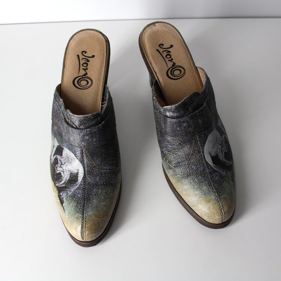 ICON Los Angeles Leather shoes slip on heels mules sz 9.5 cute dog PUG art Jeon - Picture 6 of 16